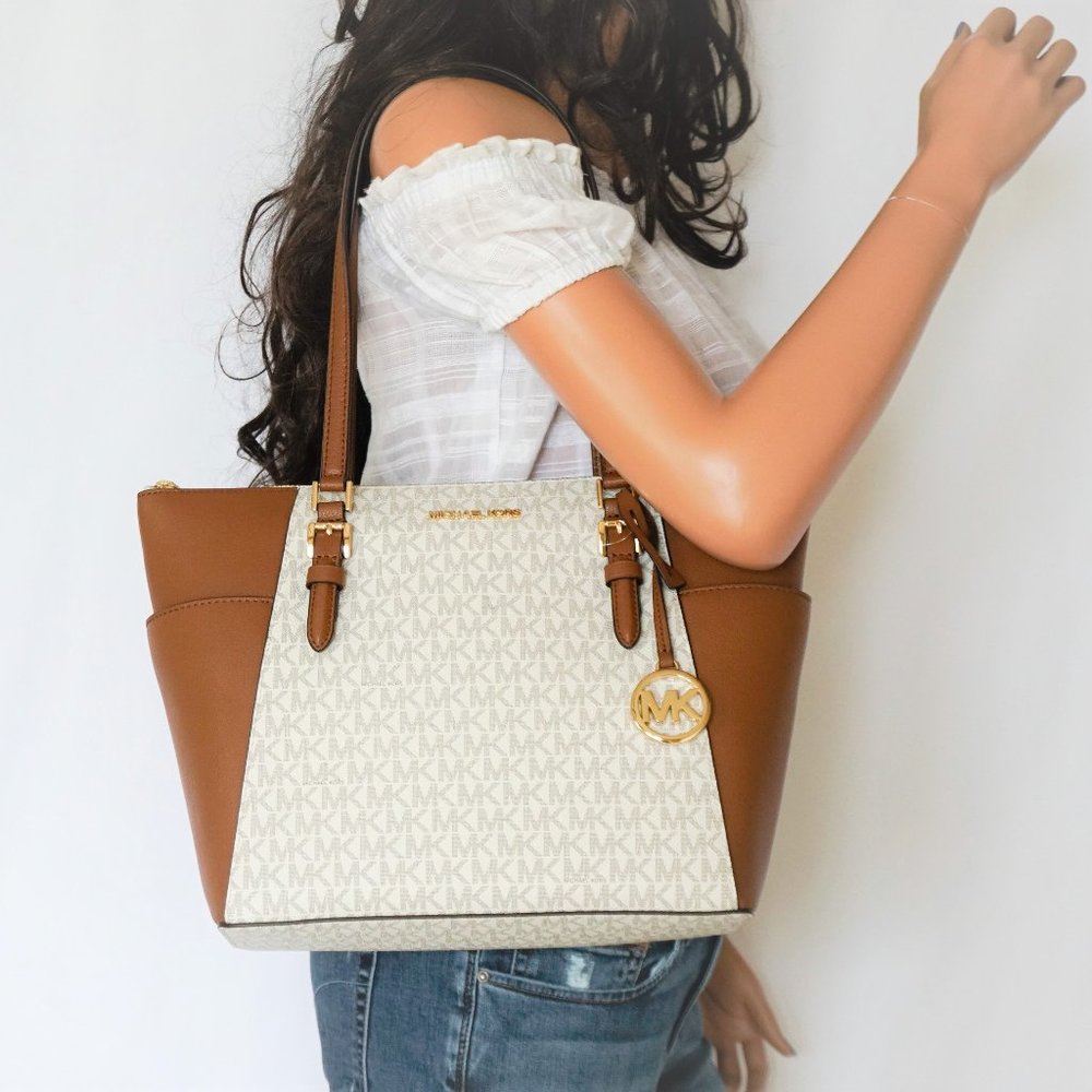 Michael Kors Charlotte Large Shoulder Tote Handbag Purse MK Vanilla